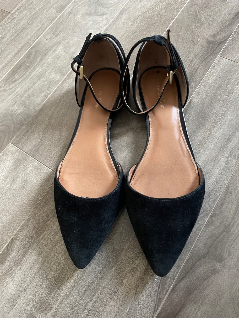 Calvin Klein Black Pointed Toe Ankle-Strap Flats